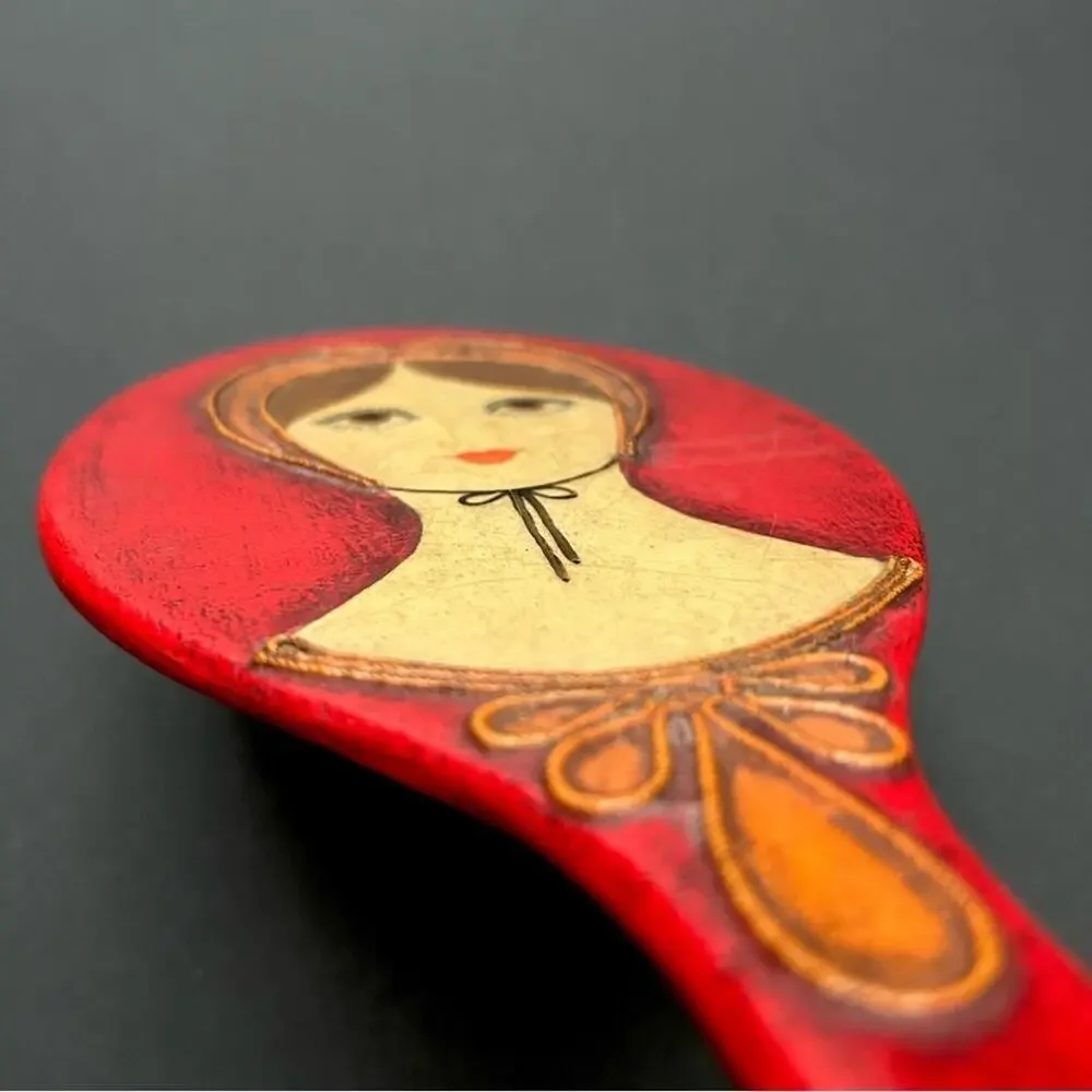 Rare Vintage 1960s Red Wooden Handmade Decorative Hand Mirror, Artist Signed